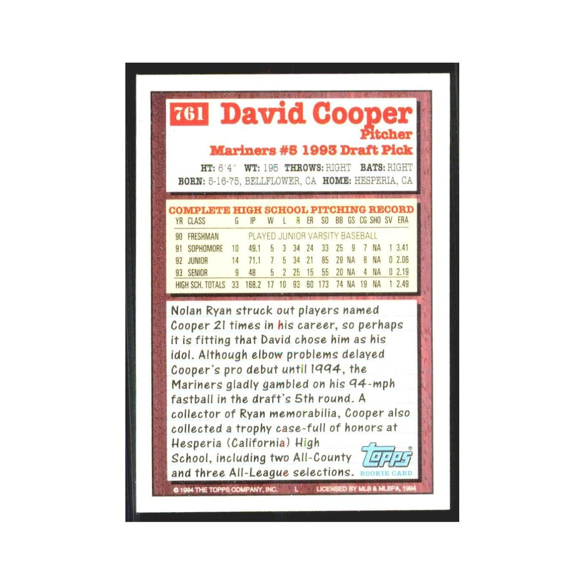 1994 Topps David A. Cooper Mariners #761