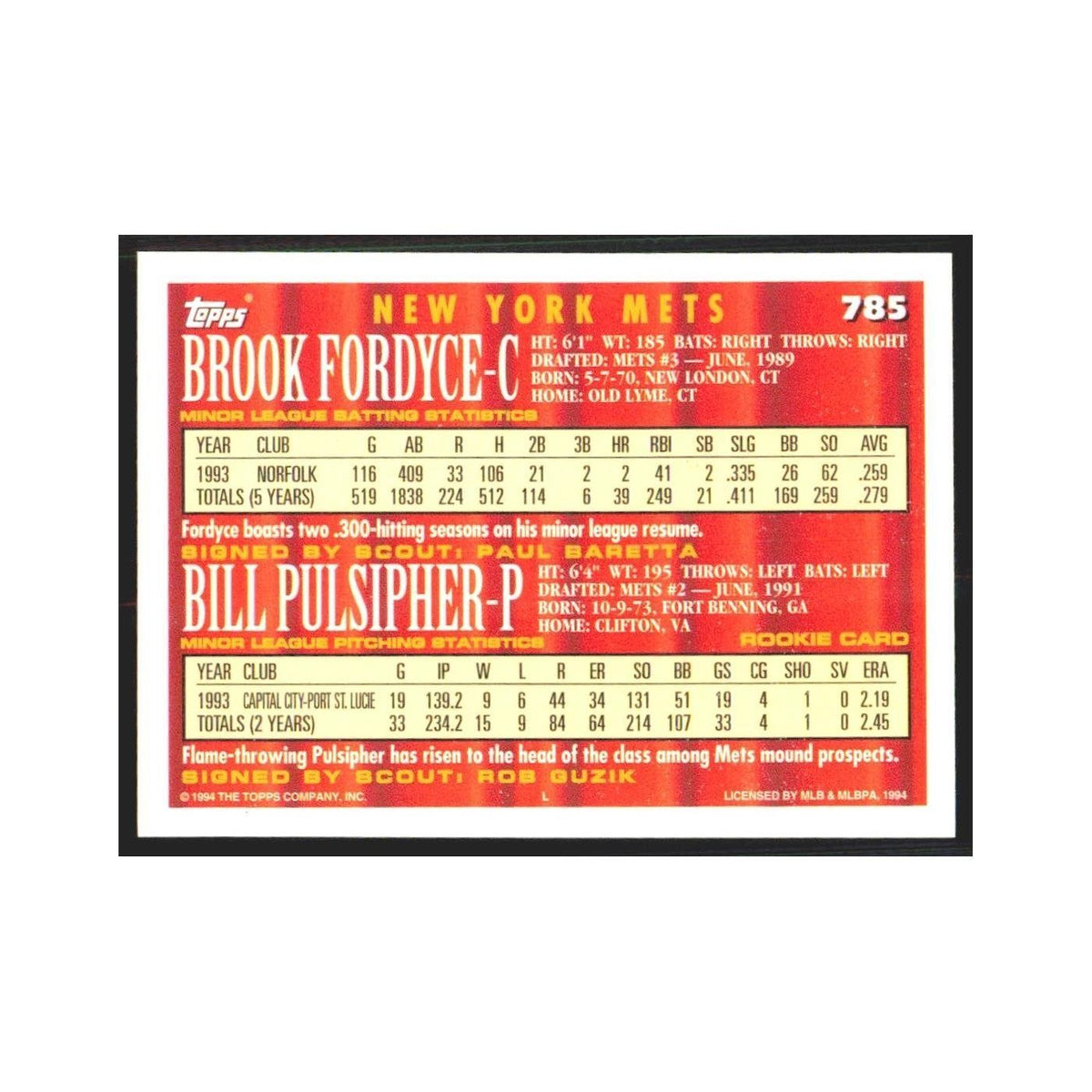 1994 Topps Brook Fordyce/Bill Pulsipher Mets #785