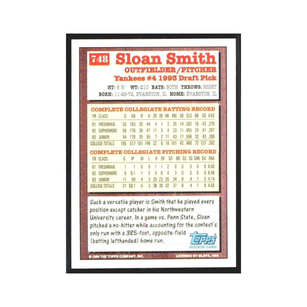 1994 Topps Sloan Smith Yankees #748