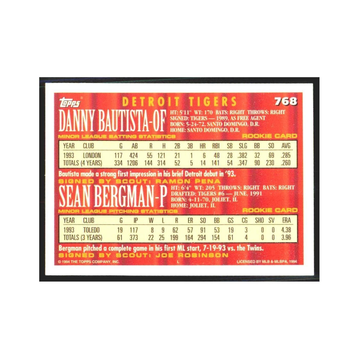 1994 Topps Danny Bautista/Sean Bergman Tigers #768