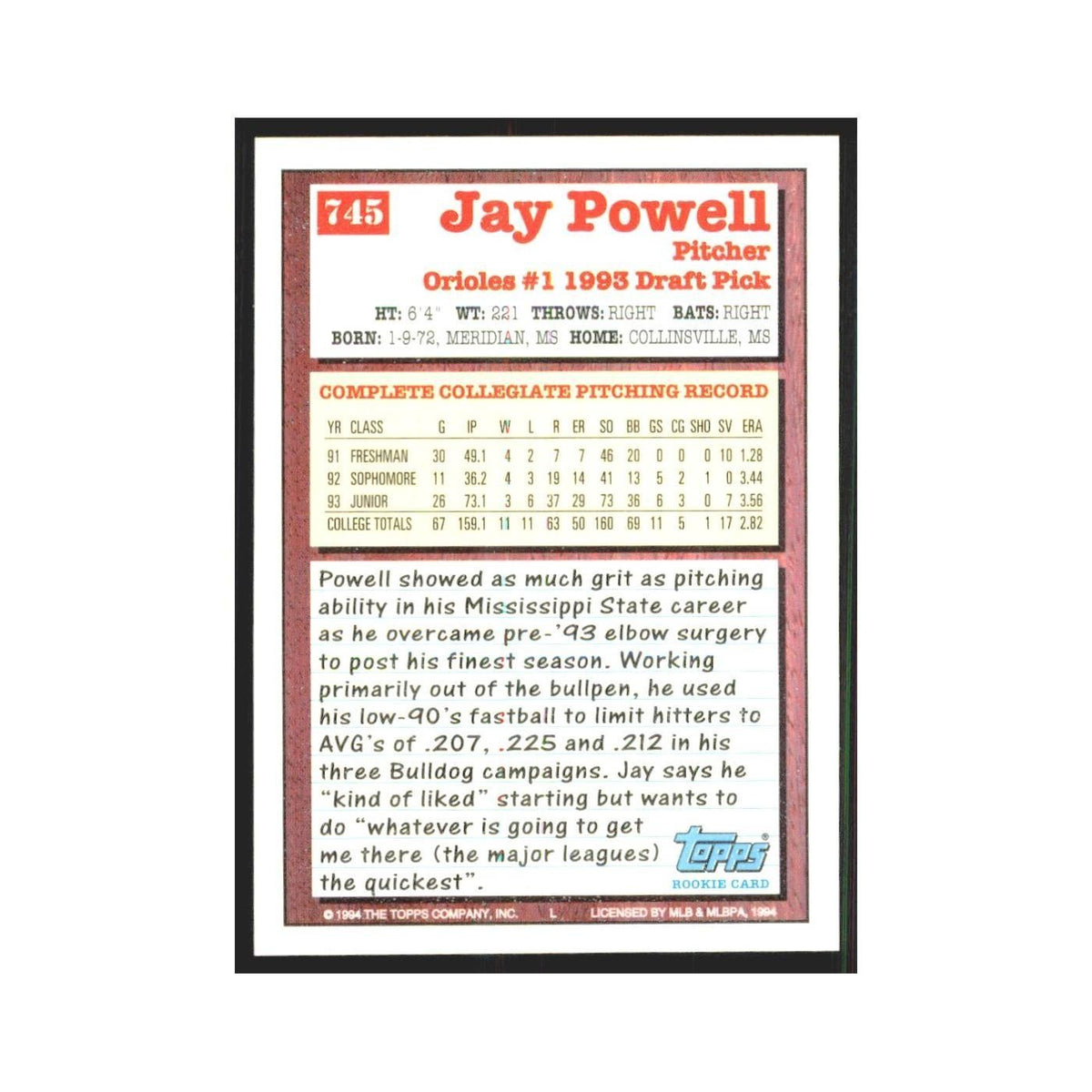 1994 Topps Jay Powell Orioles #745