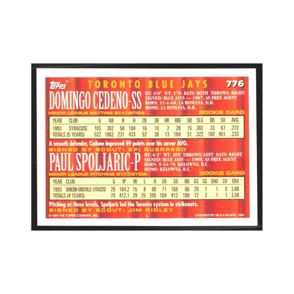 1994 Topps Domingo Cedeno/Paul Spoljaric Blue Jays #776