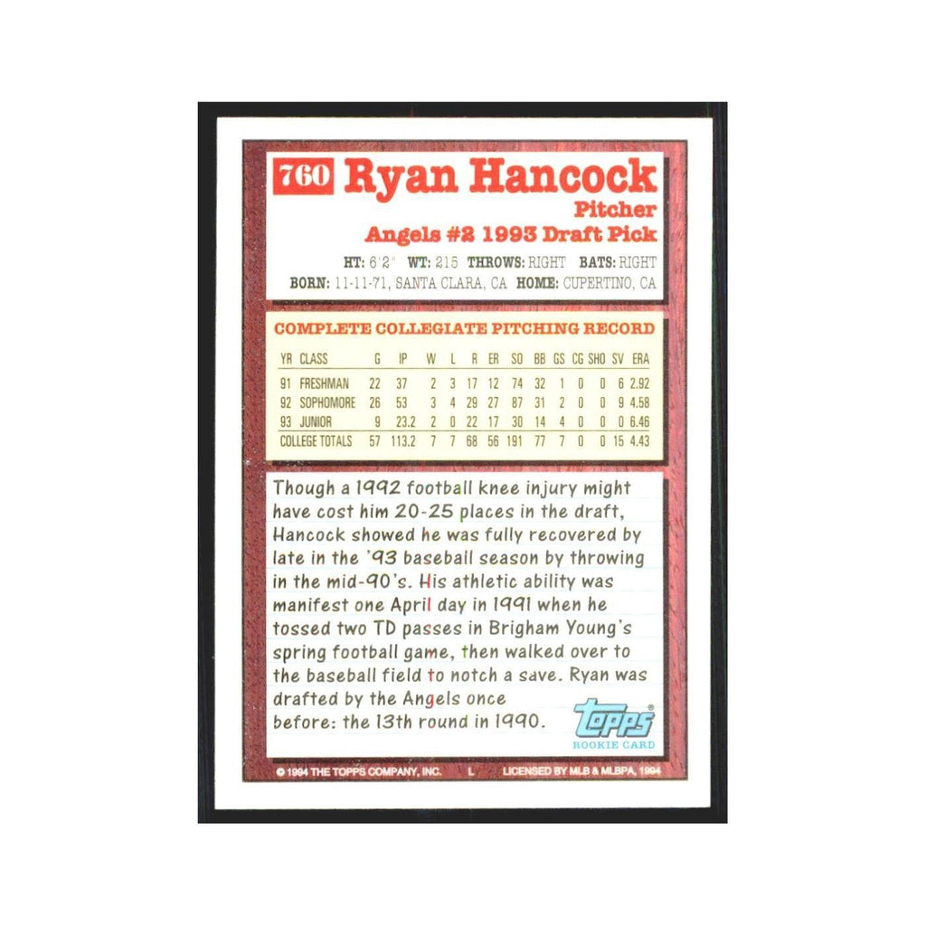 1994 Topps Ryan Hancock Angels #760