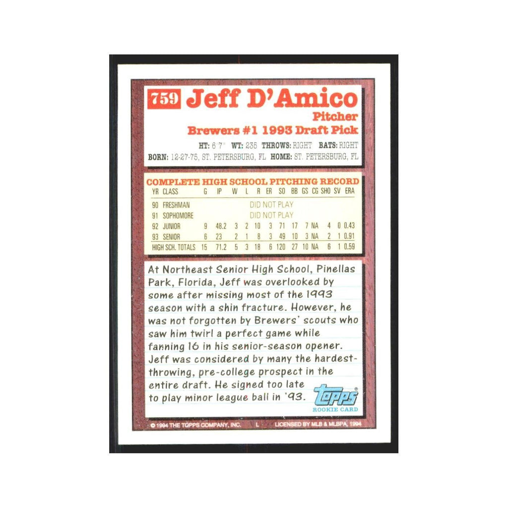 1994 Topps Jeff D'Amico Brewers #759