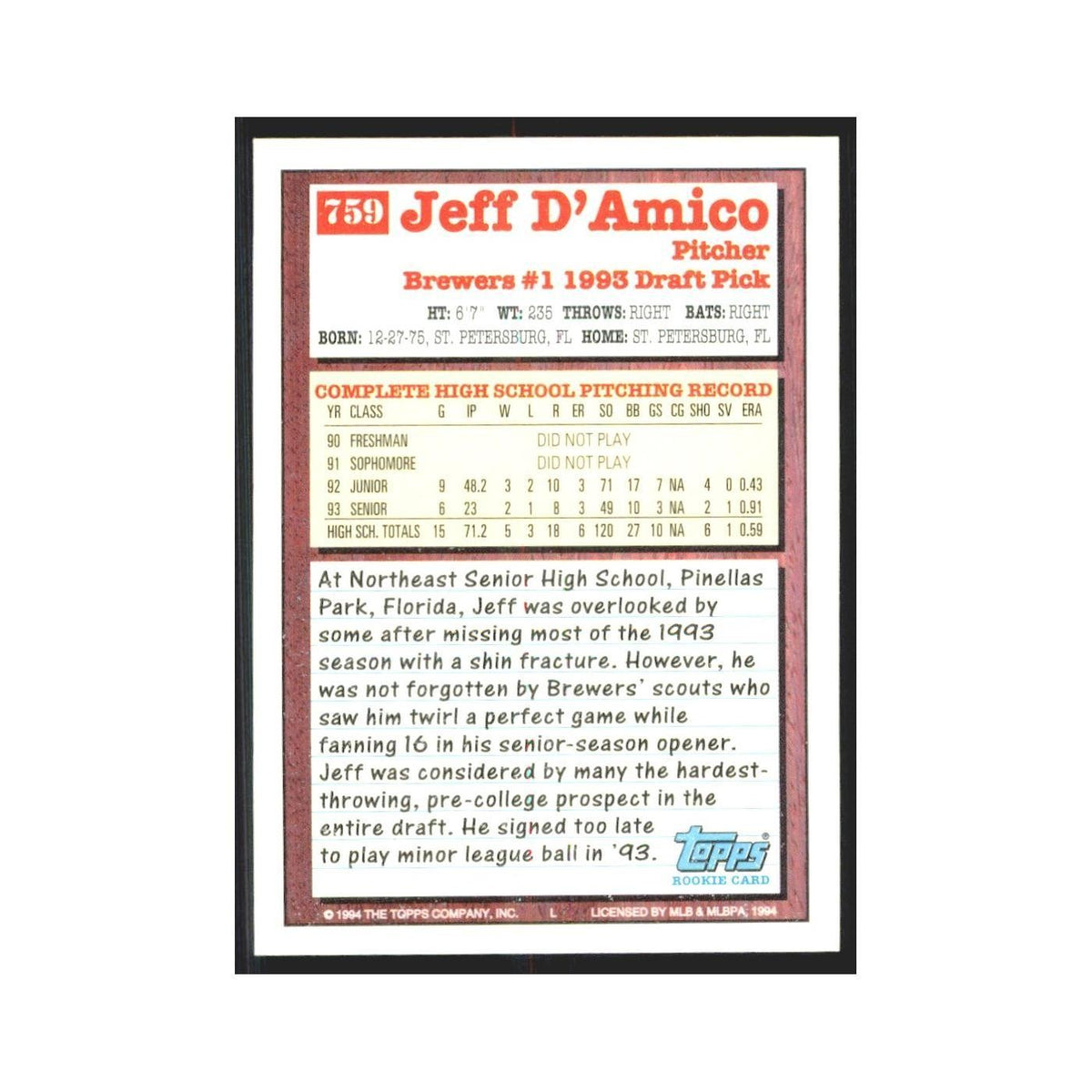 1994 Topps Jeff D'Amico Brewers #759