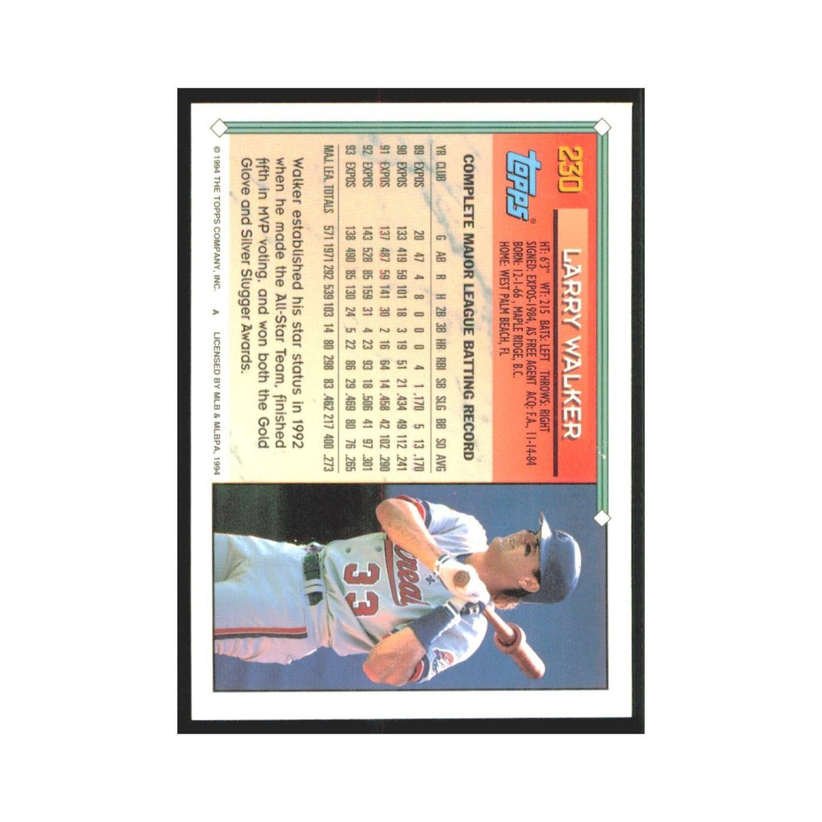 1994 Topps Larry Walker Montreal Expos #230