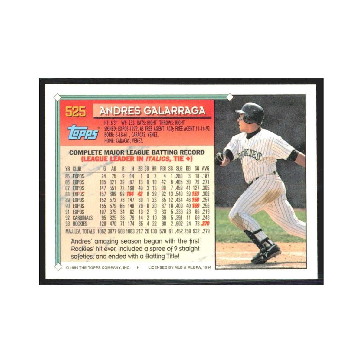 1994 Topps Andres Galarraga Rockies #525
