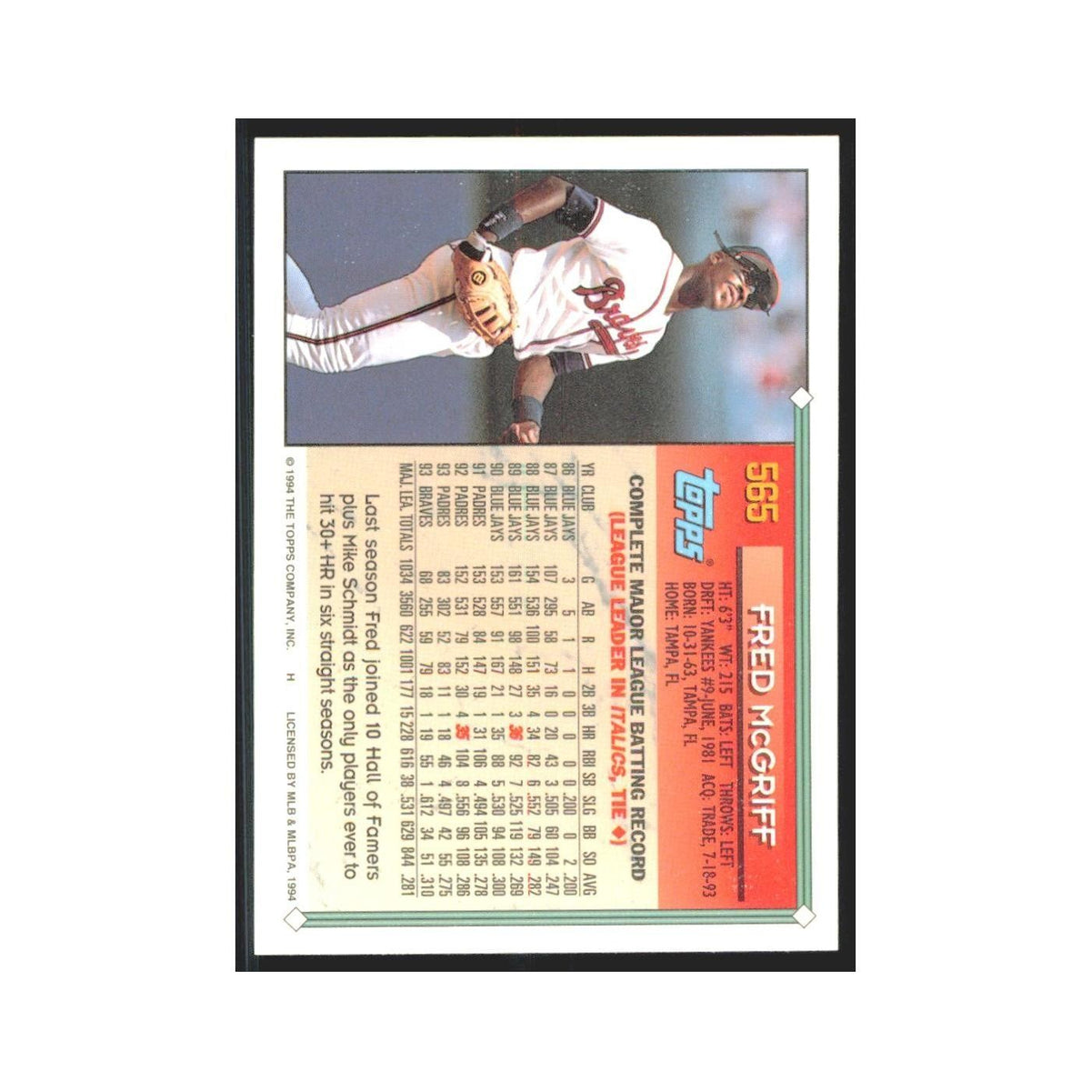1994 Topps Fred McGriff Braves #565