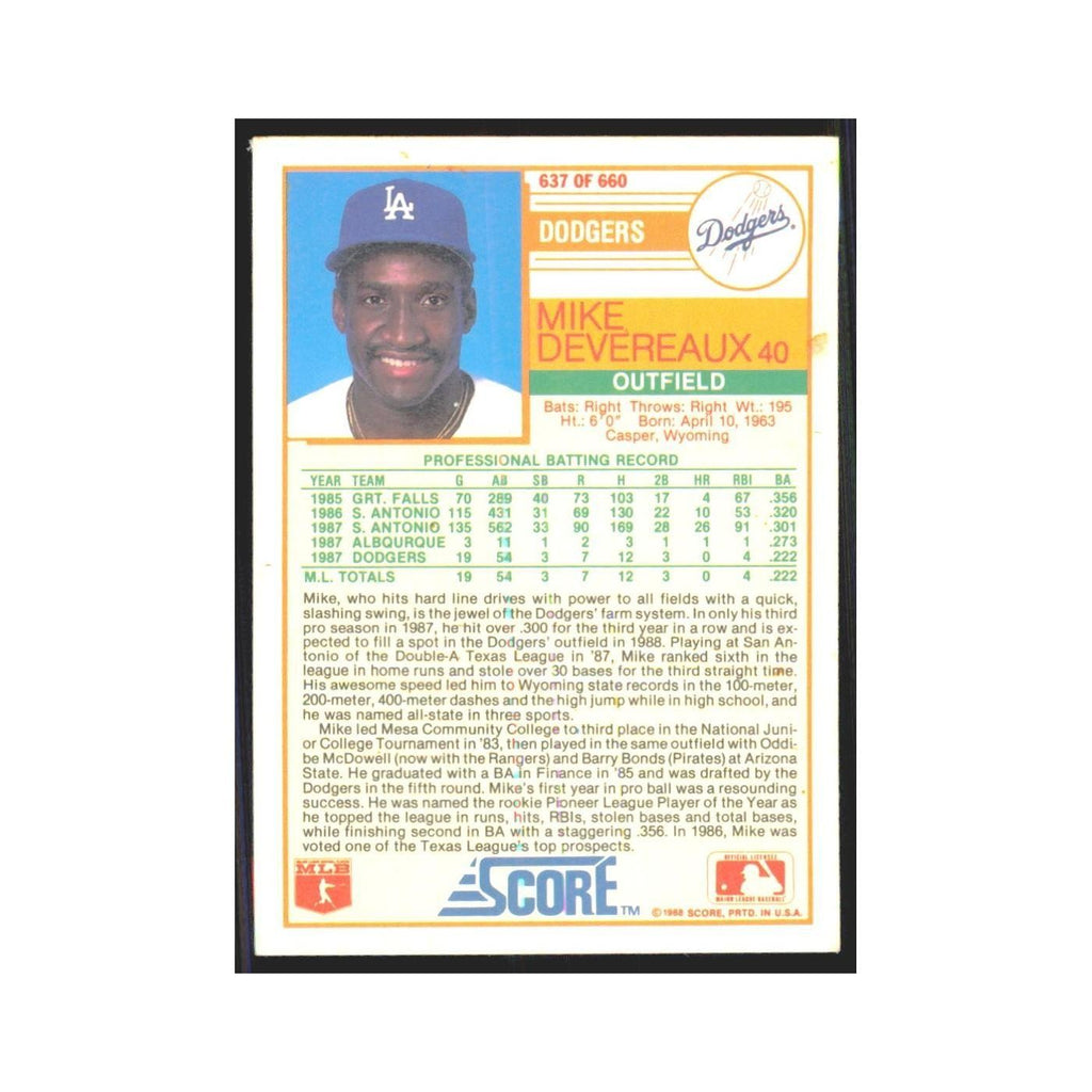 1988 Score Mike Devereaux Dodgers #637