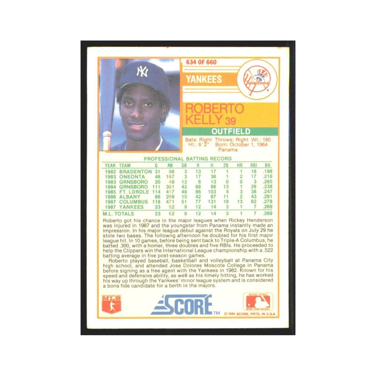 1988 Score Roberto Kelly Yankees #634