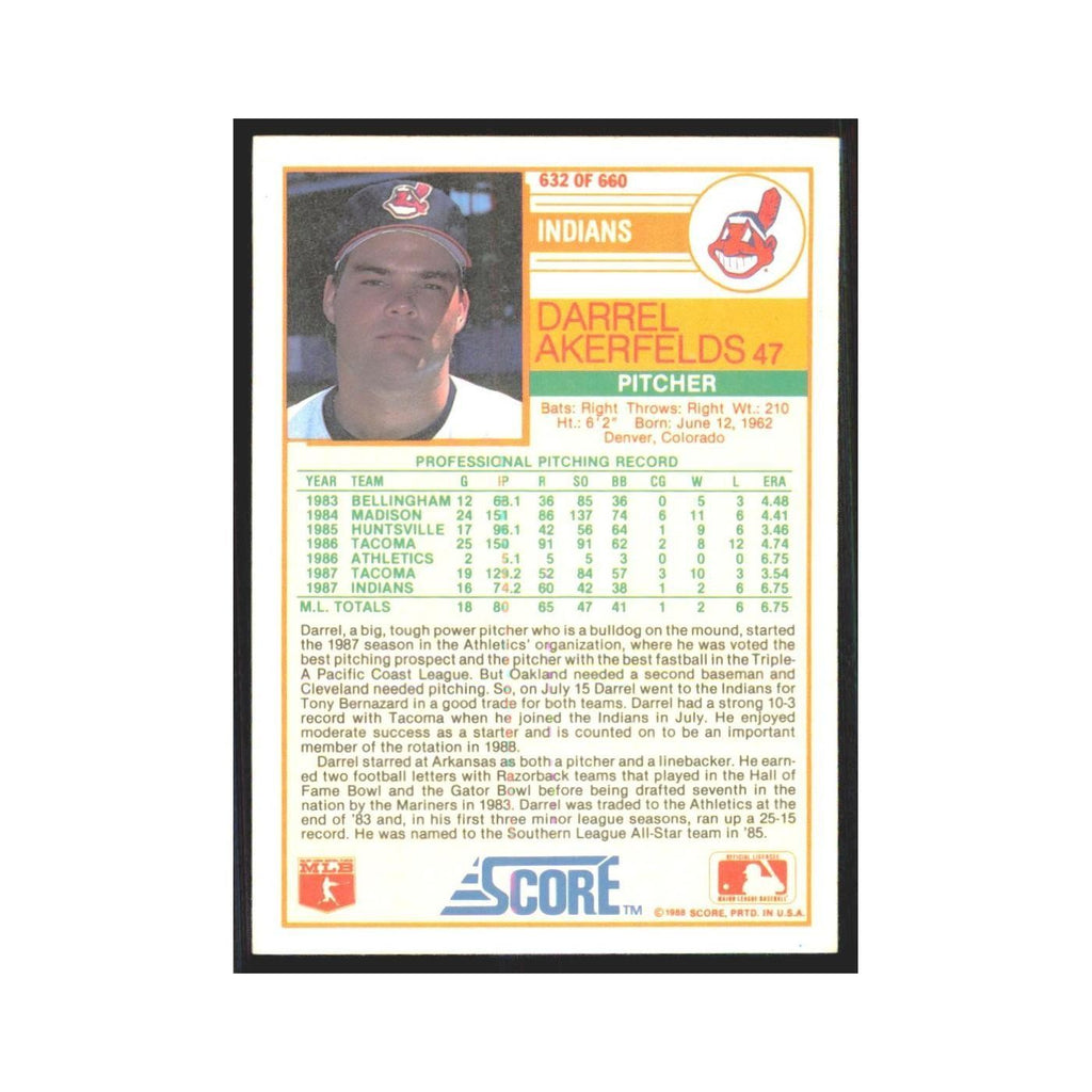 1988 Score Darrel Akerfelds Indians #632