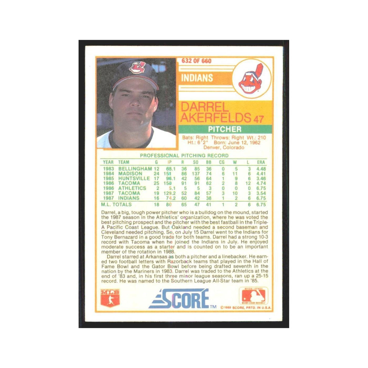 1988 Score Darrel Akerfelds Indians #632