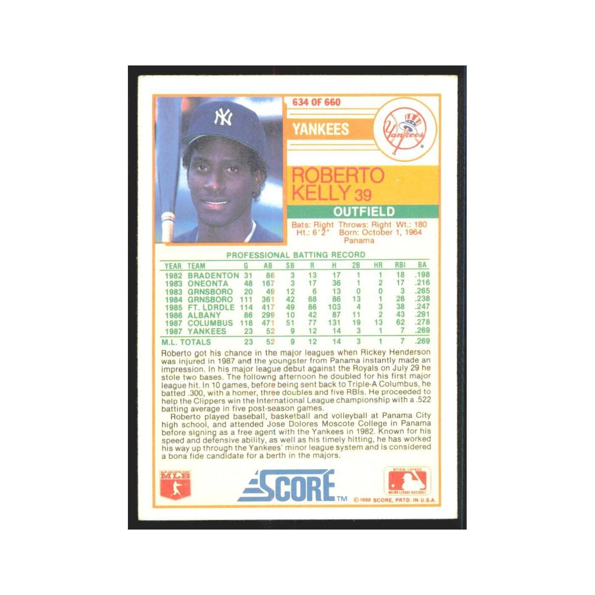 1988 Score Roberto Kelly Yankees #634