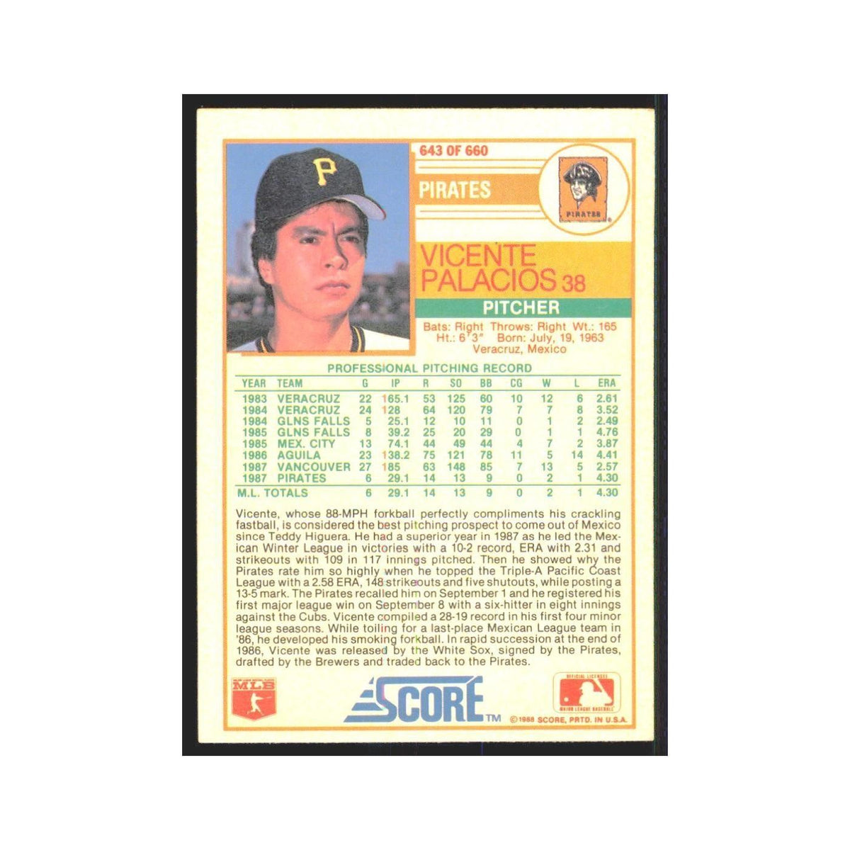 1988 Score Vicente Palacios Pirates #643