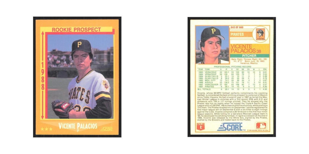 1988 Score Vicente Palacios Pirates #643