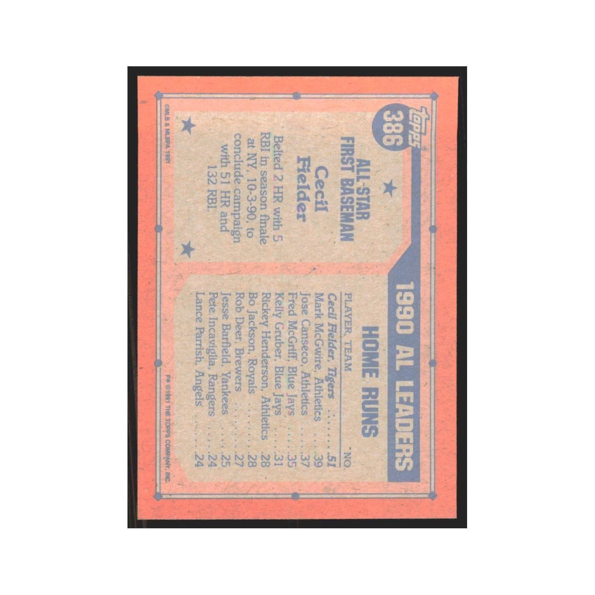 1991 Topps Cecil Fielder Tigers #386
