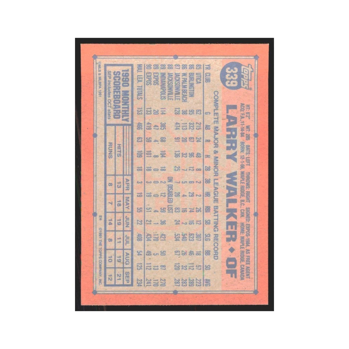 1991 Topps Larry Walker Montreal Expos #339