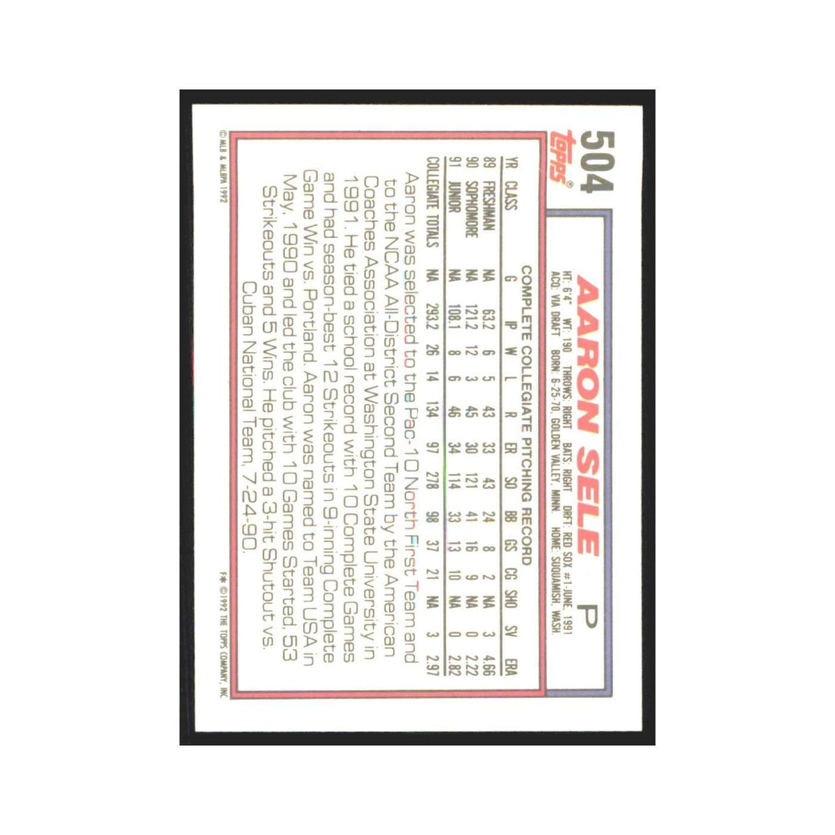 1992 Topps Aaron Sele Red Sox #504