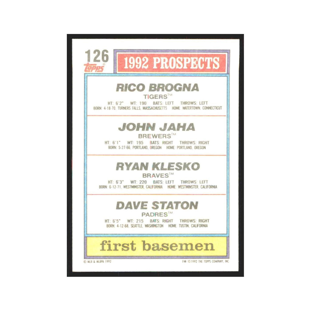 1992 Rico Brogna/John Jaha/Ryan Klesko/Dave Staton Detroit Tigers/Milwaukee Brew