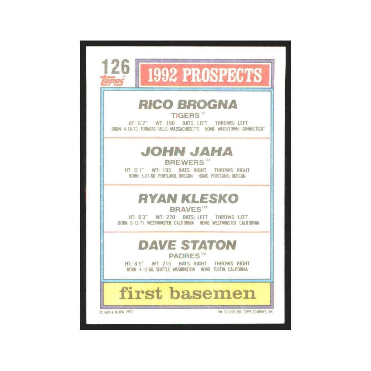 1992 Rico Brogna/John Jaha/Ryan Klesko/Dave Staton Detroit Tigers/Milwaukee Brew