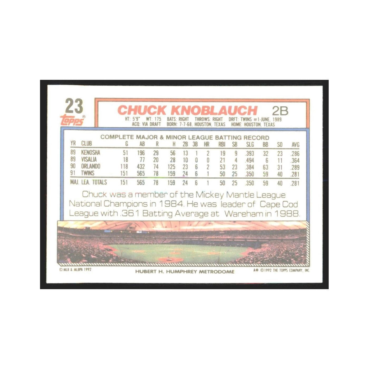 1992 Topps Chuck Knoblauch Twins #23