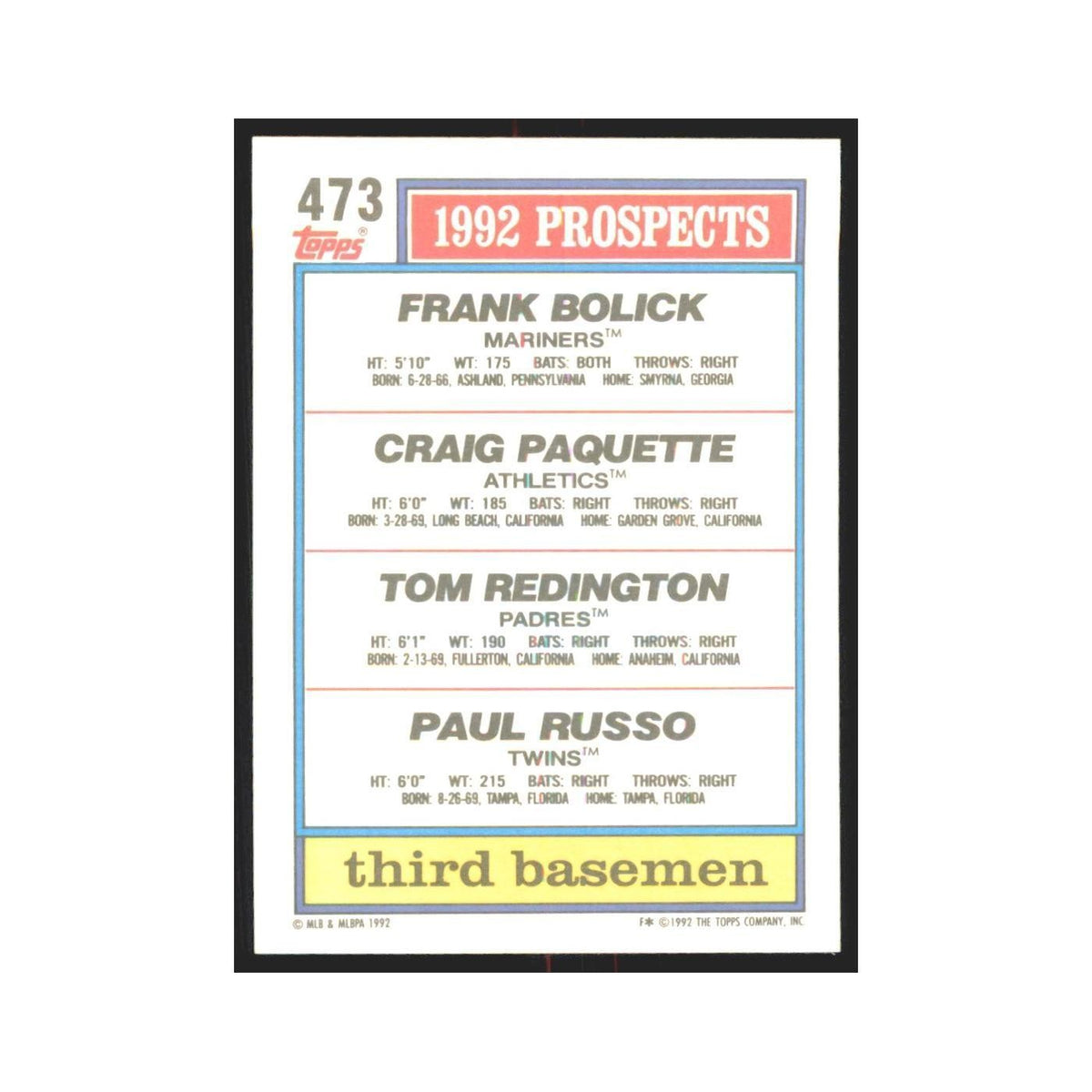 1992 Frank Bolick/Craig Paquette/Tom Redington/Paul Russo Seattle Mariners/Oakla