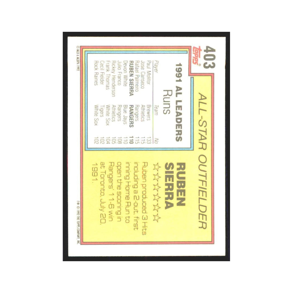 1992 Topps Ruben Sierra Rangers #403