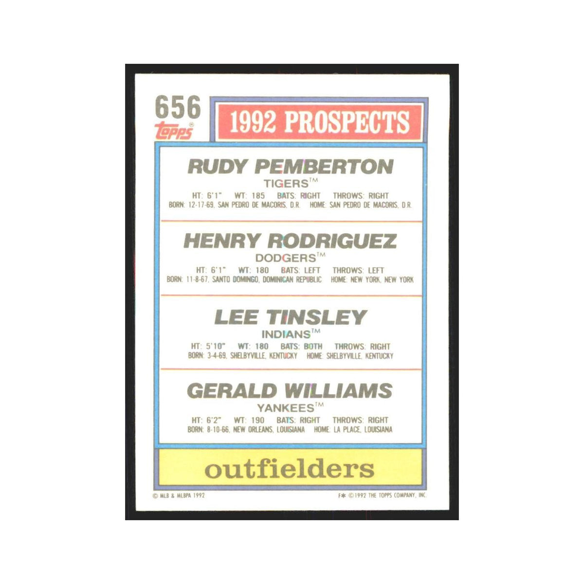 1992 Pemberton/Rodriguez/Tinsley/Williams Detroit Tigers/Los Angeles Dodgers/Cle