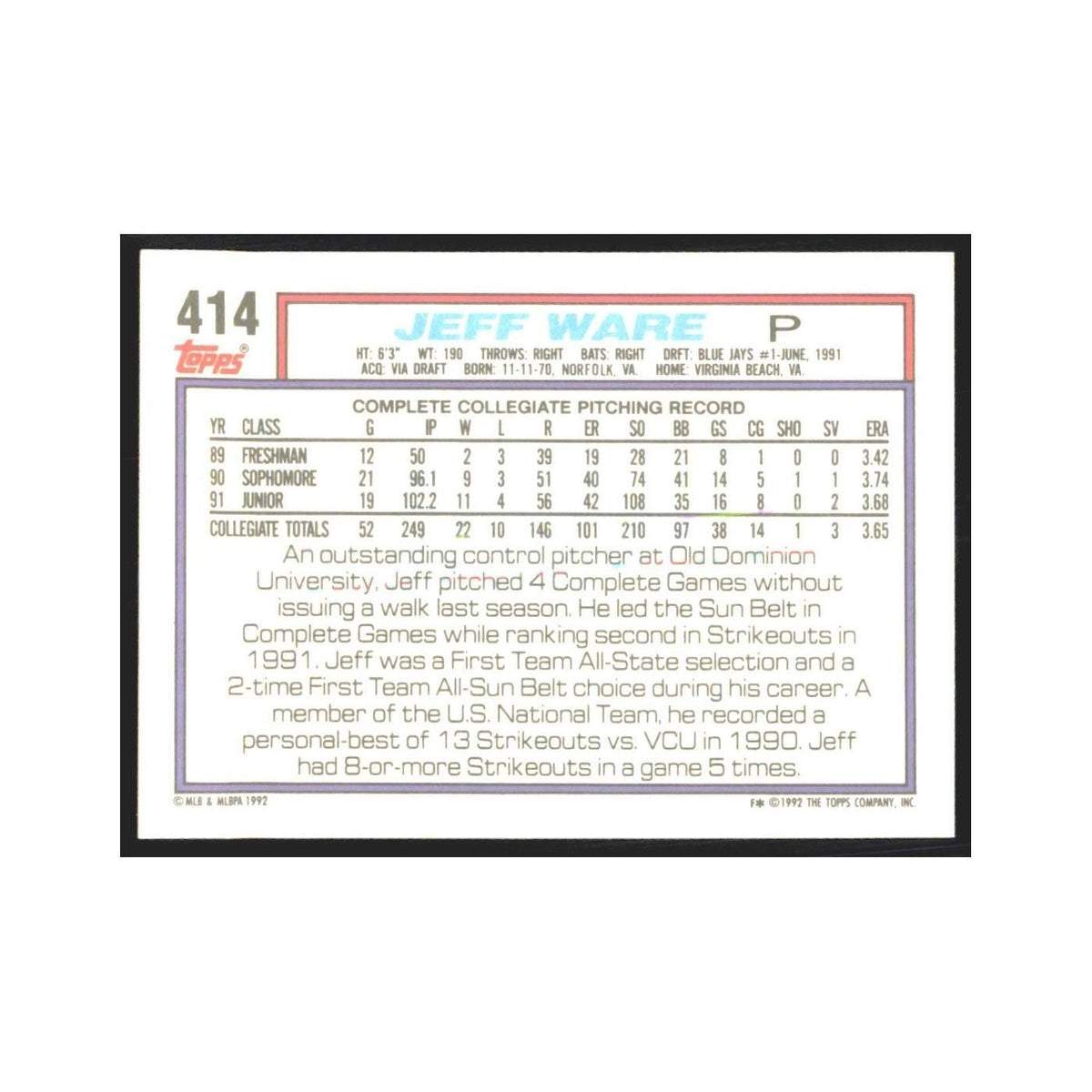 1992 Topps Jeff Ware Blue Jays #414
