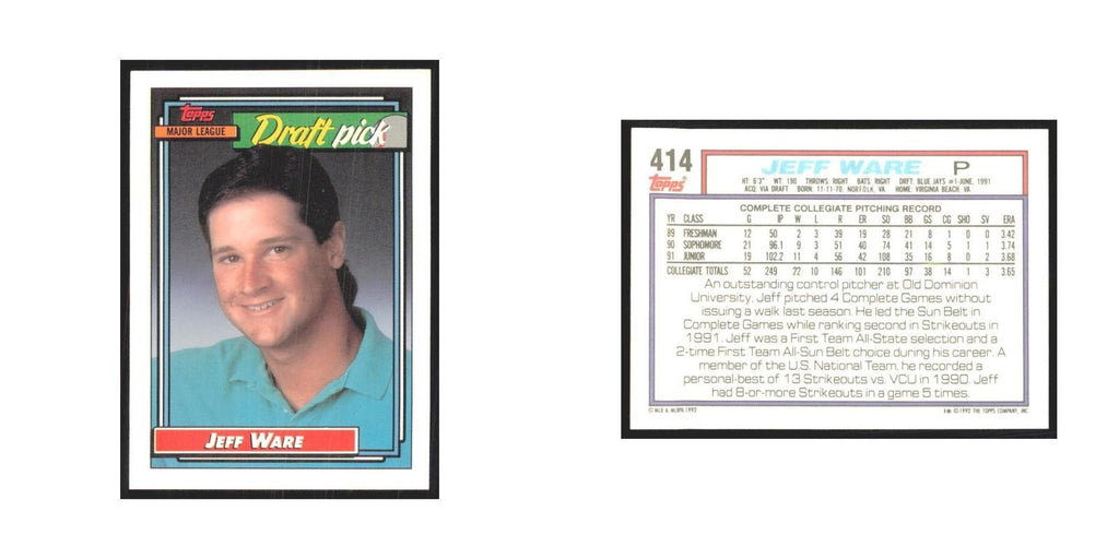 1992 Topps Jeff Ware Blue Jays #414