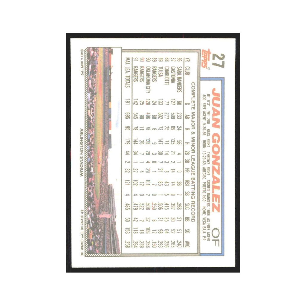 1992 Topps Juan Gonzalez Rangers #27