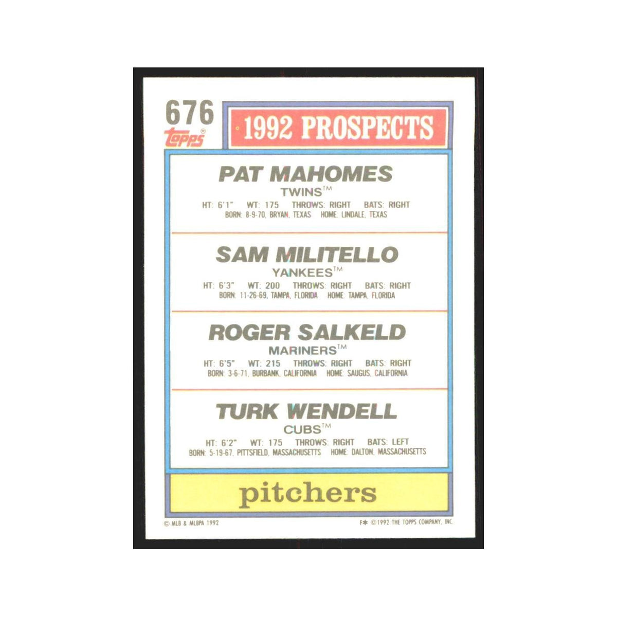1992 Pat Mahomes/Sam Militello/Roger Salkeld/Turk Wendell Minnesota Twins/New Yo