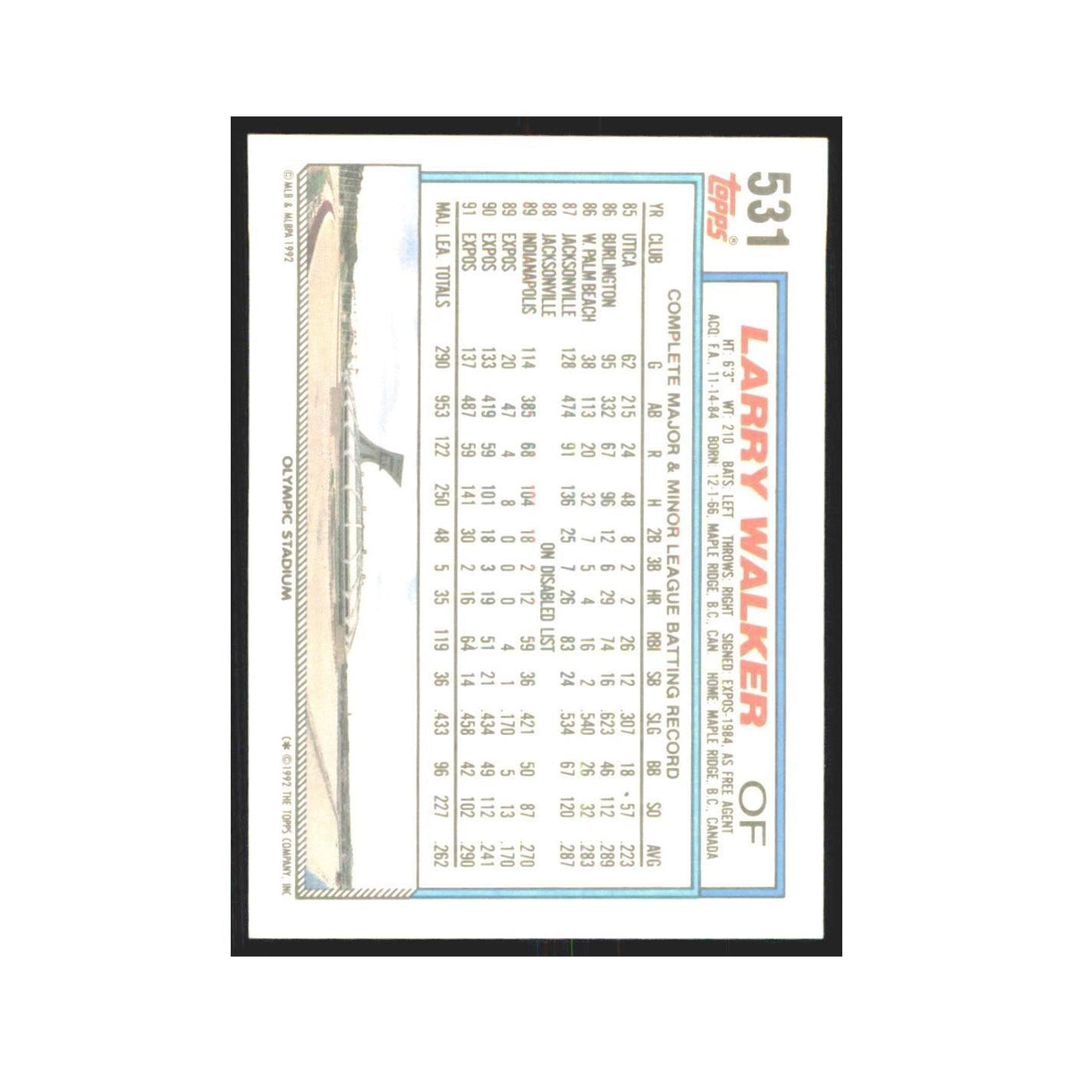 1992 Topps Larry Walker Montreal Expos #531