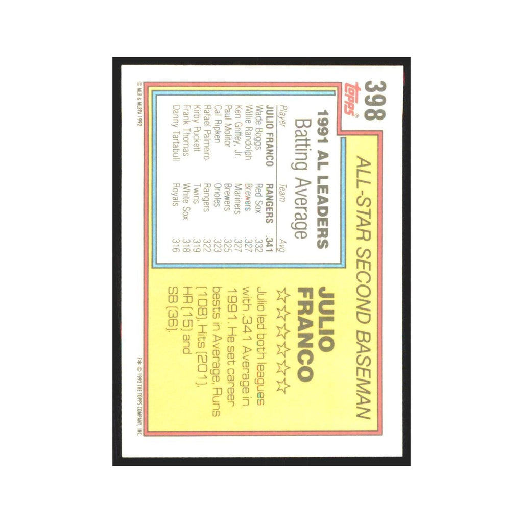1992 Topps Julio Franco Rangers #398