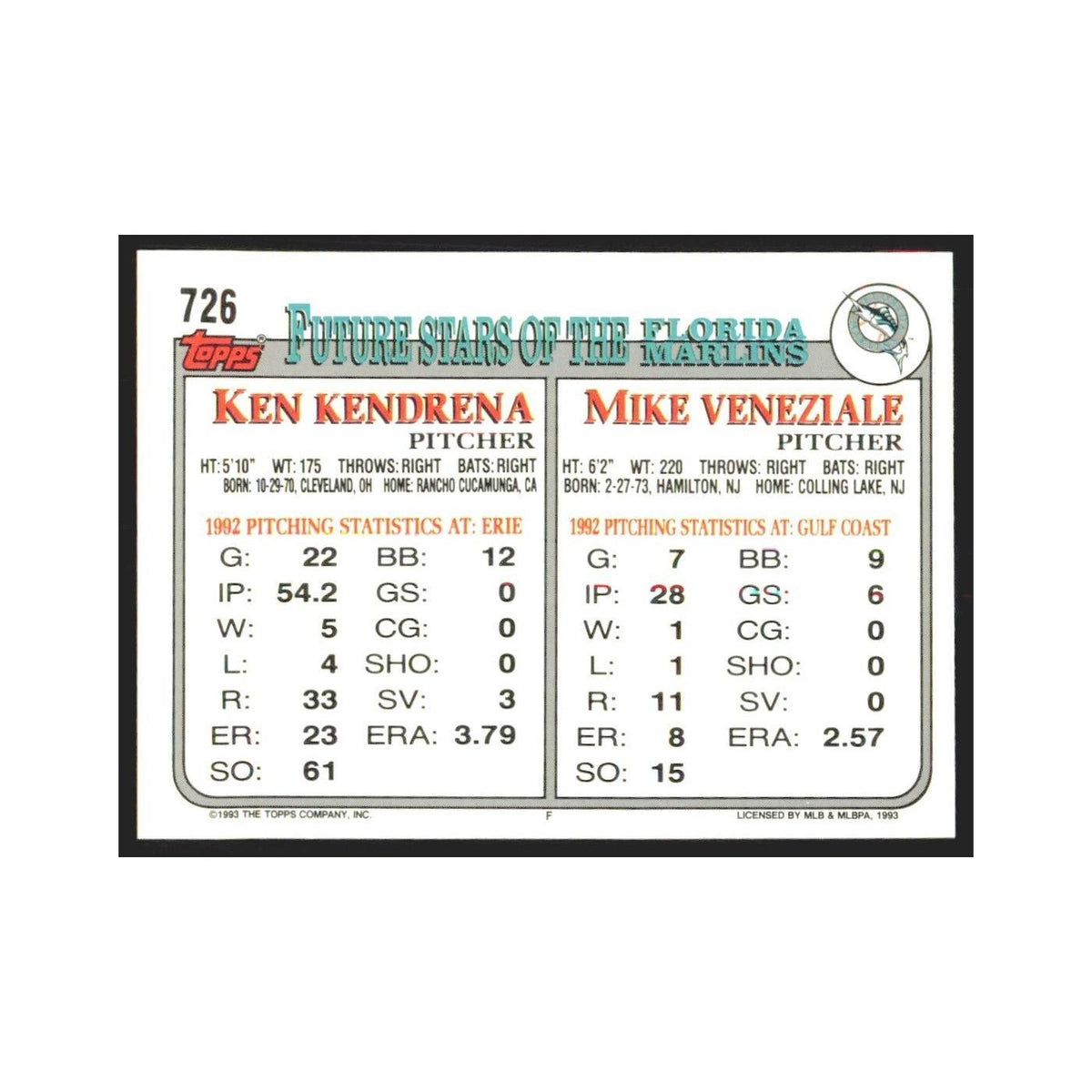 1993 Topps Mike Veneziale/Ken Kendrena Florida Marlins #726