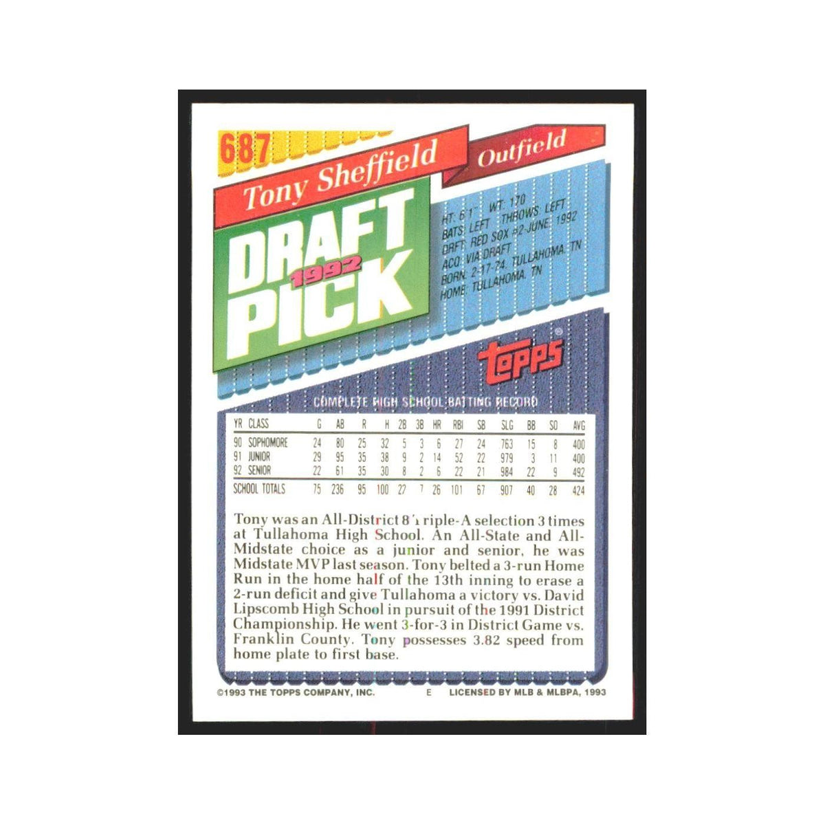 1993 Topps Tony Sheffield Red Sox #687