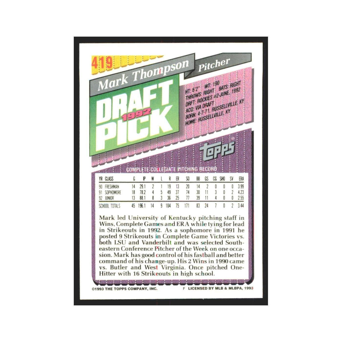 1993 Topps Mark Thompson Rockies #419
