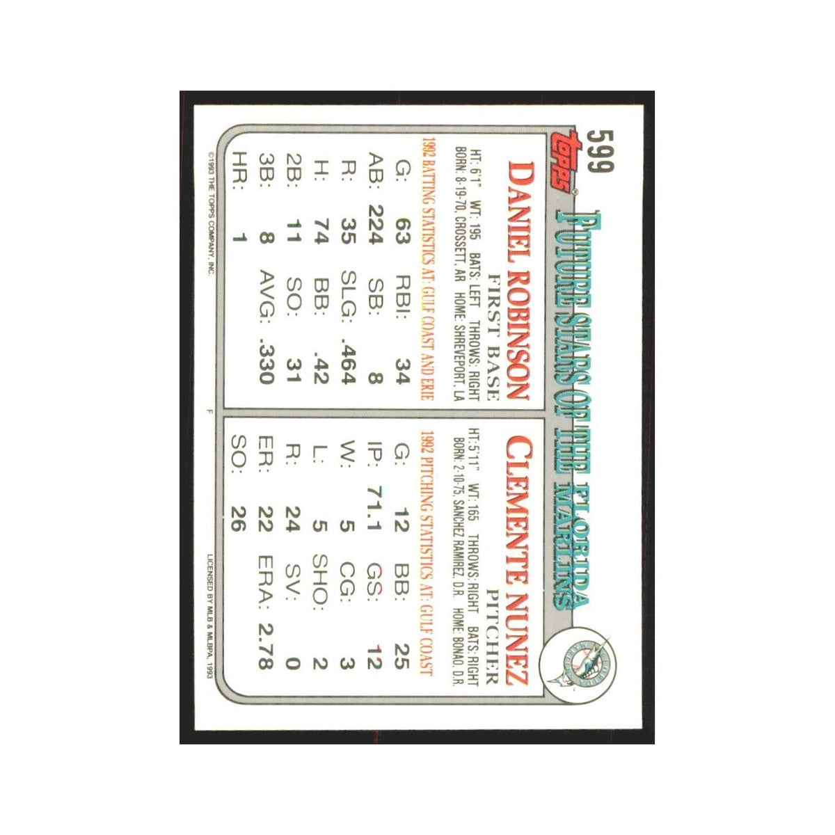 1993 Topps Clemente Nunez/Daniel Robinson Florida Marlins #599