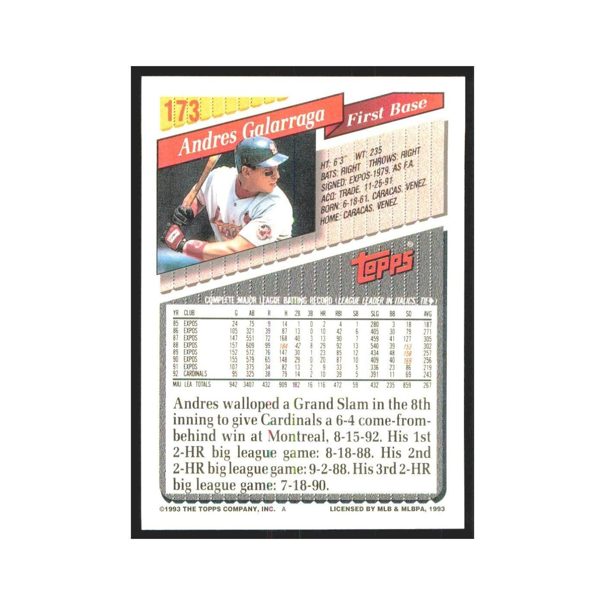 1993 Topps Andres Galarraga Cardinals #173