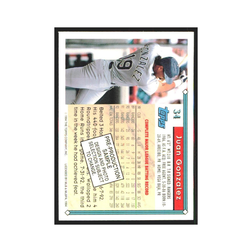 1993 Topps Juan Gonzalez Rangers #34