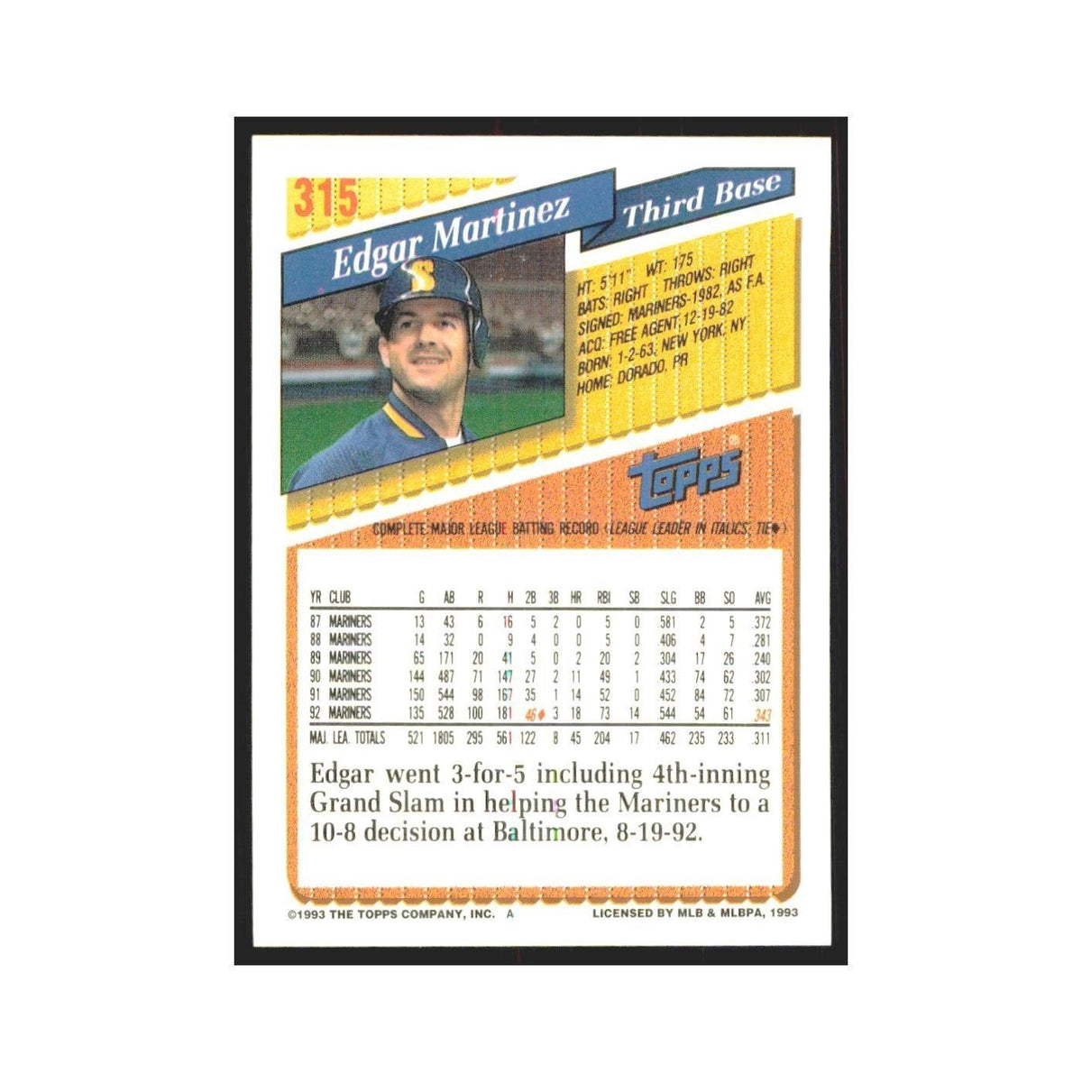 1993 Topps Edgar Martinez Mariners #315
