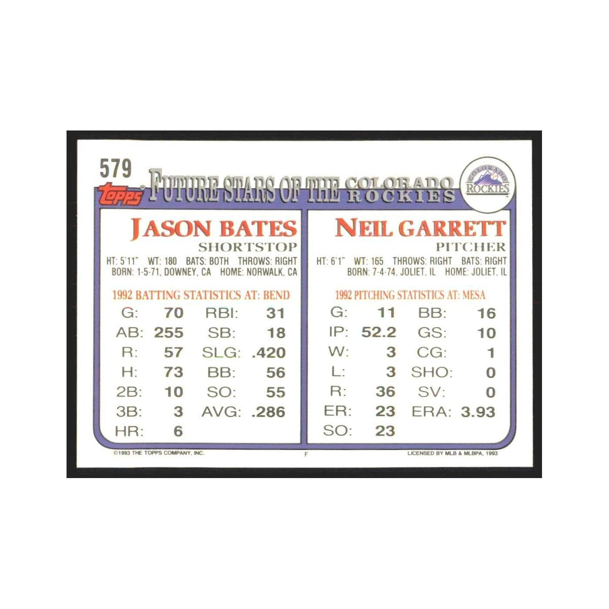 1993 Topps Neil Garret/Jason Bates Rockies #579