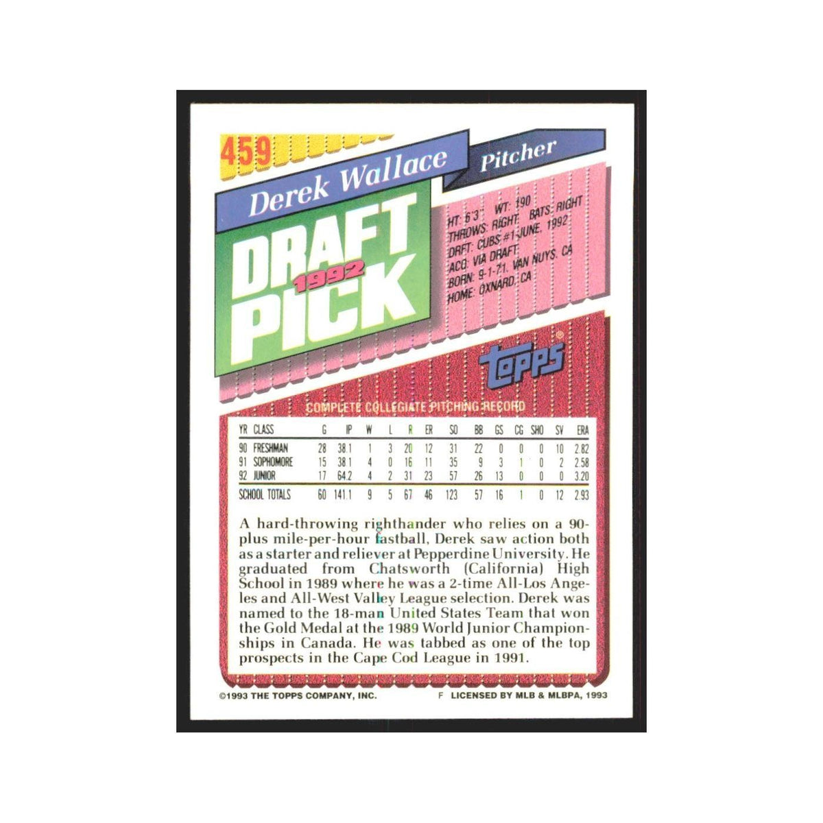 1993 Topps Derek Wallace Cubs #459