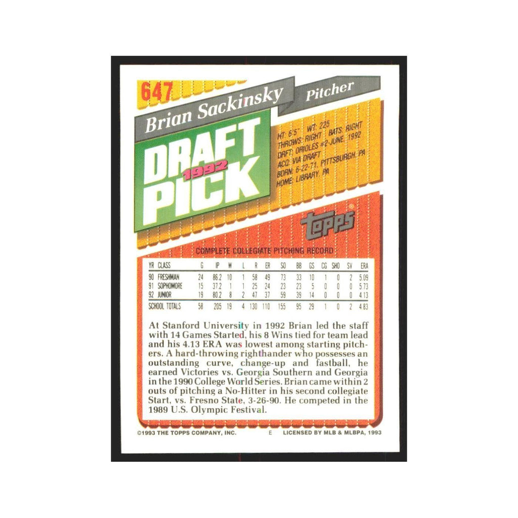 1993 Topps Brian Sackinsky Orioles #647
