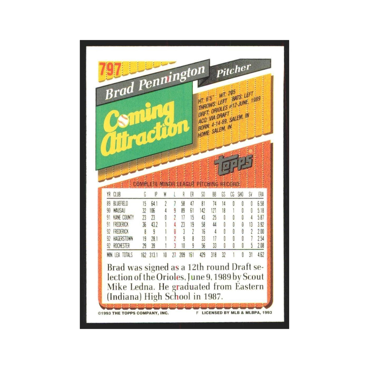 1993 Topps Brad Pennington Orioles #797