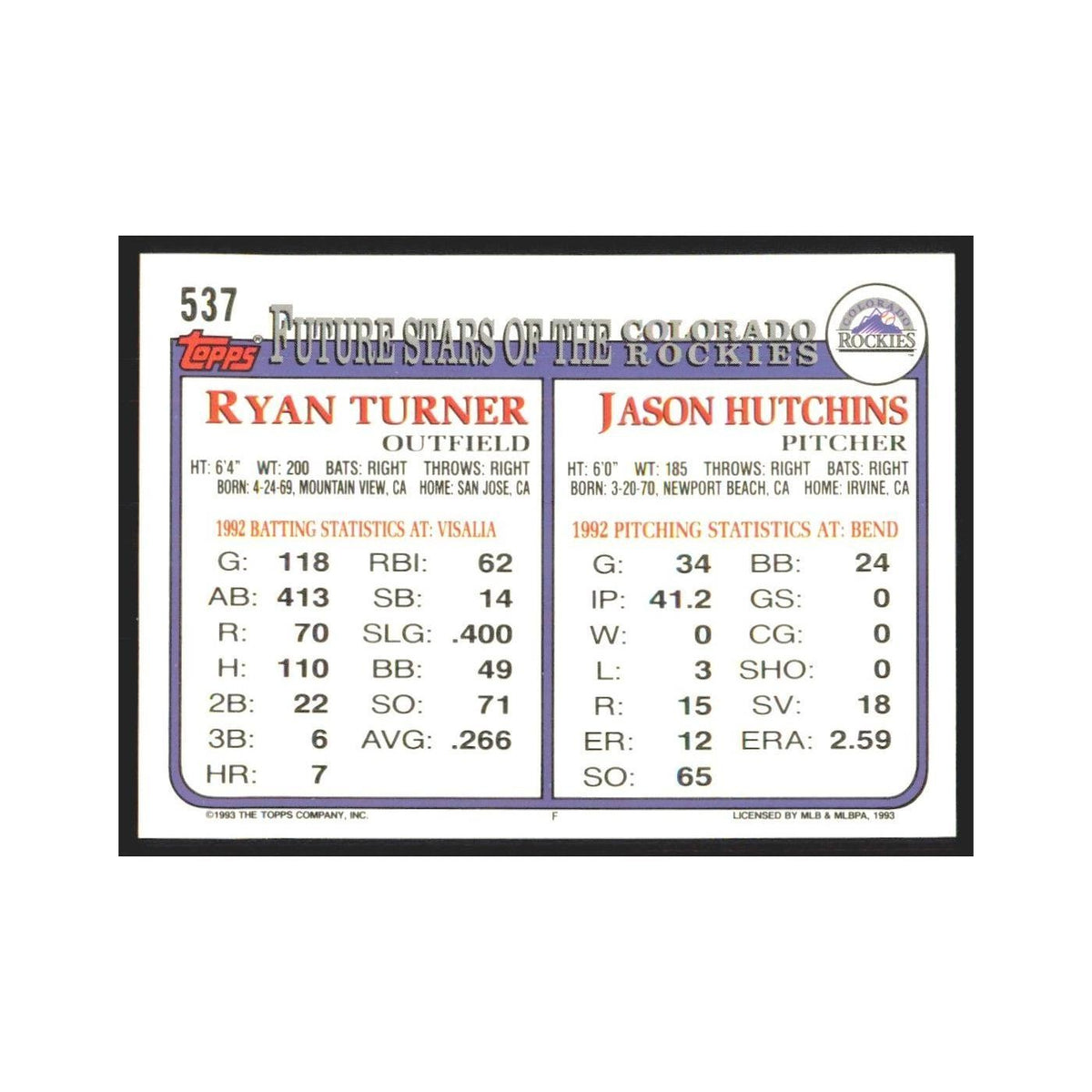 1993 Topps Jason Hutchins/Ryan Turner Rockies #537