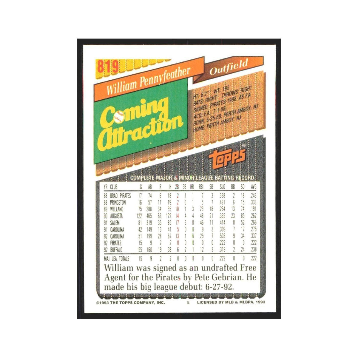 1993 Topps William Pennyfeather Pirates #819
