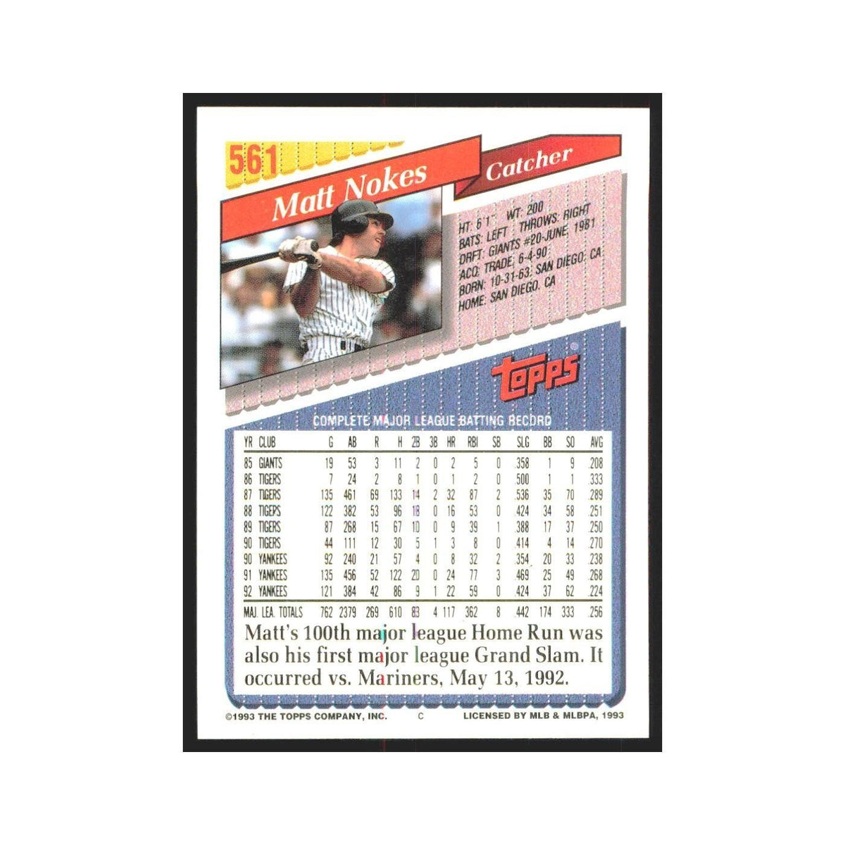 1993 Topps Matt Nokes Yankees #561