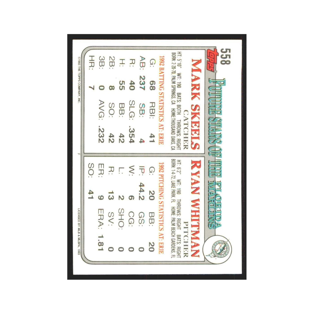 1993 Topps Ryan Whitman/Mark Skeels Florida Marlins #558