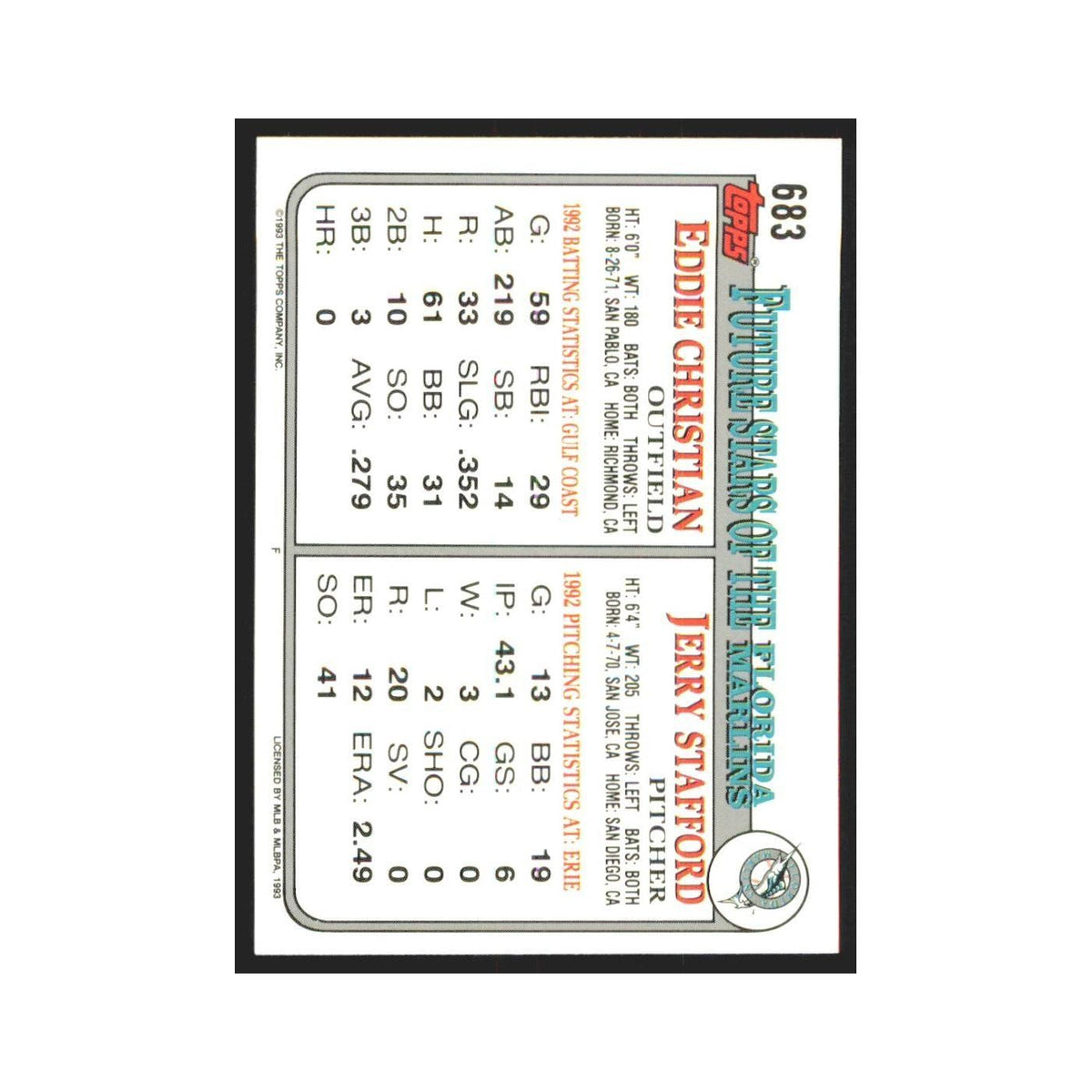 1993 Topps Jerry Stafford/Eddie Christian Florida Marlins #683